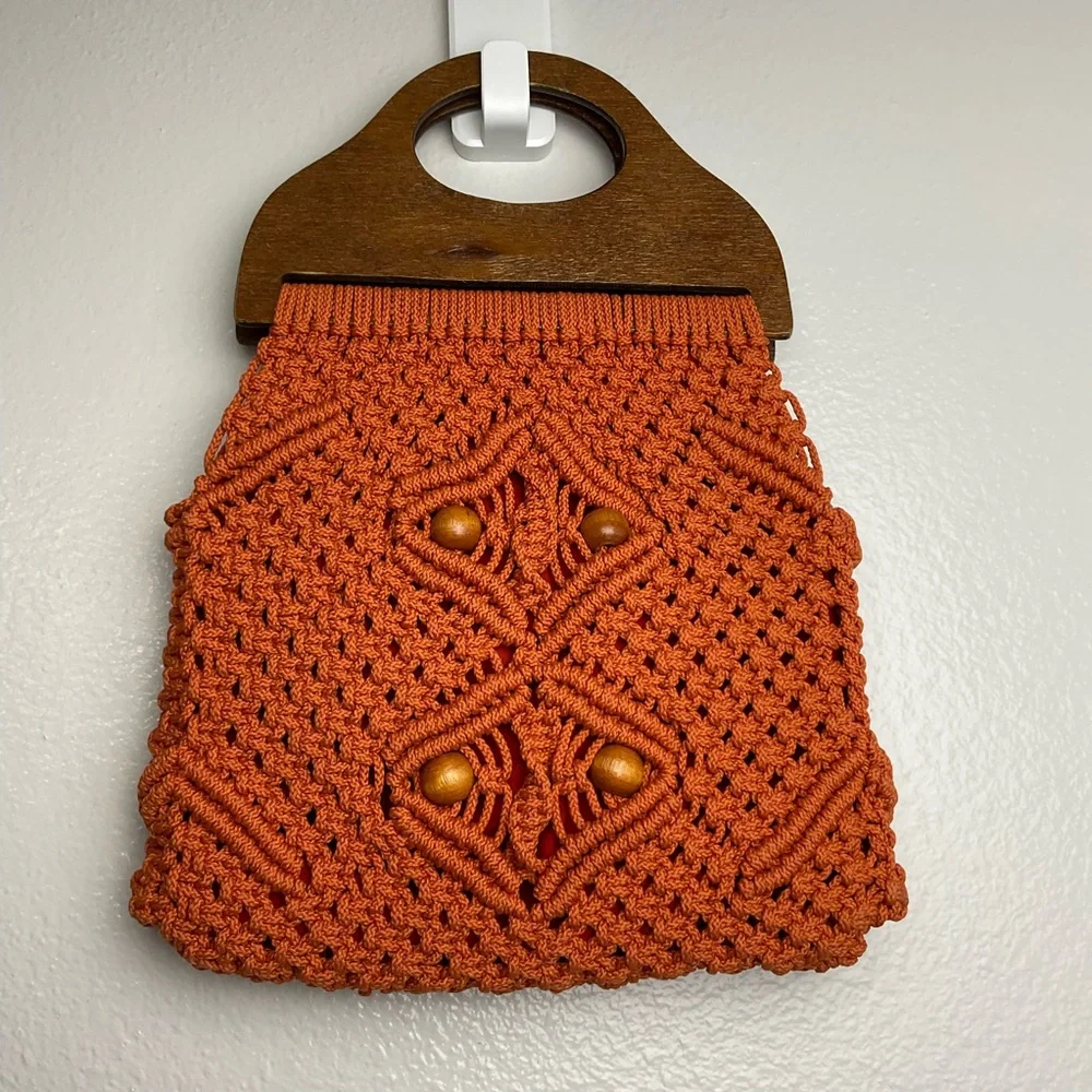 Mid century modern‎ Orange Macramé Tote with Wooden Handle
